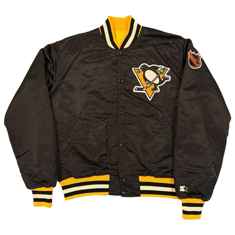 Vintage 80s Starter Pittsburgh Penguins Satin Bomber Jacket Sz L Made in USA NHL